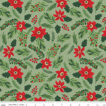 19" End of Bolt - The Magic of Christmas Main C13640 Leaf - Riley Blake - Floral Flowers Poinsettias Leaves Berries - Quilting Cotton Fabric