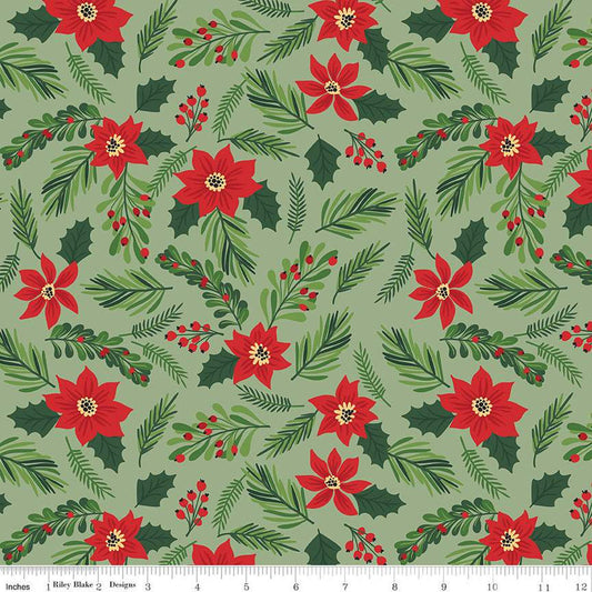 19" End of Bolt - The Magic of Christmas Main C13640 Leaf - Riley Blake - Floral Flowers Poinsettias Leaves Berries - Quilting Cotton Fabric