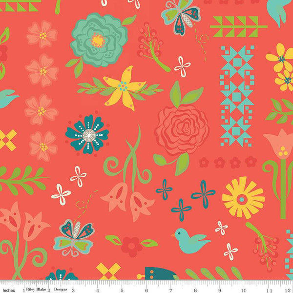 3 yard cut- SALE Gingham Cottage WIDE BACK WB13019 Red - Riley Blake Designs - 107/108" Wide Flowers Birds - Quilting Cotton Fabric