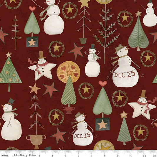 SALE Kringle Jacks & Trees C13441 Red - Riley Blake - Christmas Folk Art Snowmen Stars Icons - Quilting Cotton Fabric