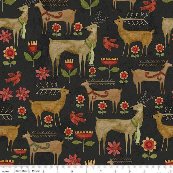 SALE Kringle Garden C13442 Charcoal - Riley Blake - Christmas Folk Art Reindeer Deer Flowers - Quilting Cotton Fabric