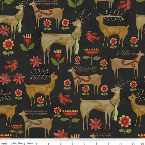 Kringle Garden C13442 Charcoal - Riley Blake - Christmas Folk Art Reindeer Deer Flowers - Quilting Cotton Fabric