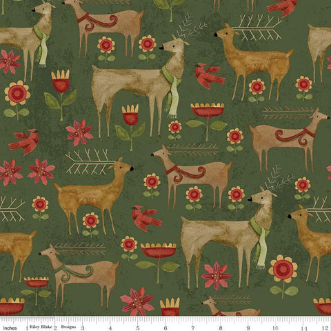SALE Kringle Garden C13442 Green - Riley Blake - Christmas Folk Art Reindeer Deer Flowers - Quilting Cotton Fabric