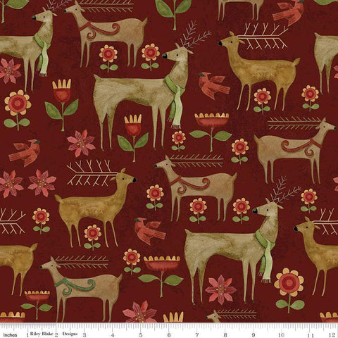SALE Kringle Garden C13442 Red - Riley Blake - Christmas Folk Art Reindeer Deer Flowers - Quilting Cotton Fabric