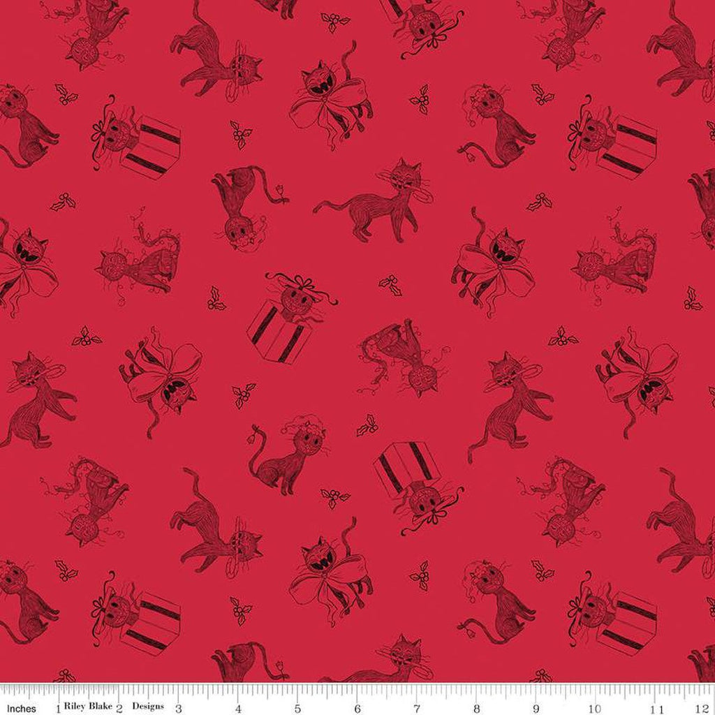 SALE Christmas with Scaredy Cat Toss C13532 Red - Riley Blake Designs - Cats Holly Berries  - Quilting Cotton Fabric