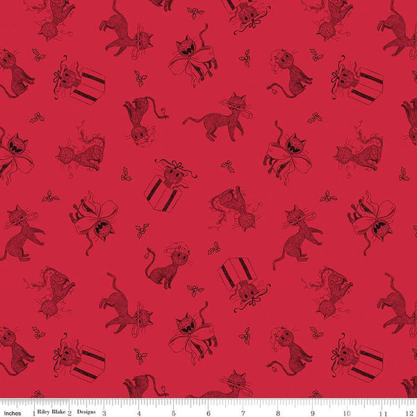 SALE Christmas with Scaredy Cat Toss C13532 Red - Riley Blake Designs - Cats Holly Berries  - Quilting Cotton Fabric