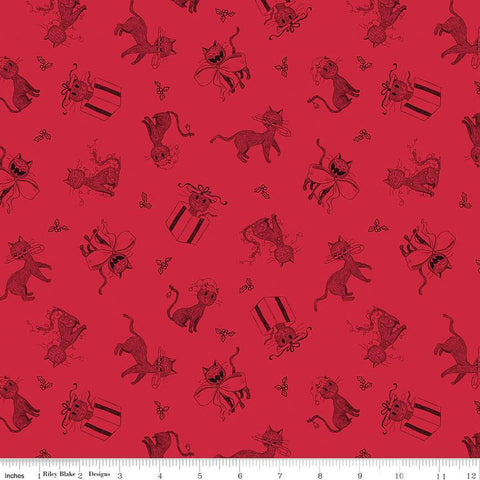 SALE Christmas with Scaredy Cat Toss C13532 Red - Riley Blake Designs - Cats Holly Berries  - Quilting Cotton Fabric