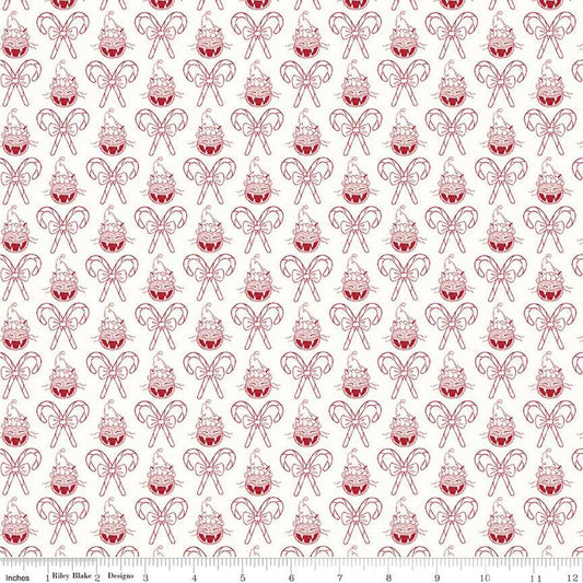 DEAL Christmas with Scaredy Cat Cat & Canes C13534 Cream - Riley Blake Designs - Santa Hats Candy Canes - Quilting Cotton Fabric