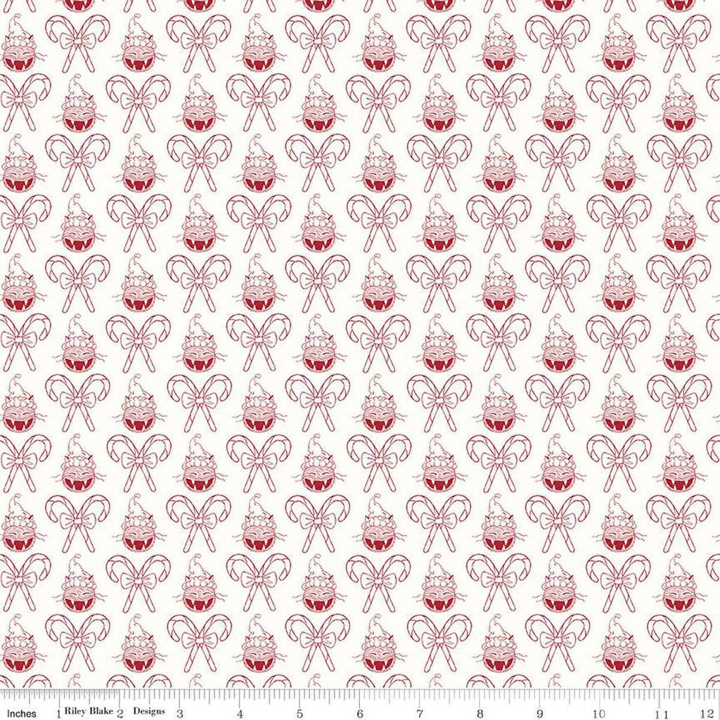 SALE Christmas with Scaredy Cat Cat and Canes C13534 Cream - Riley Blake Designs - Santa Hats Candy Canes - Quilting Cotton Fabric