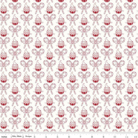 SALE Christmas with Scaredy Cat Cat and Canes C13534 Cream - Riley Blake Designs - Santa Hats Candy Canes - Quilting Cotton Fabric