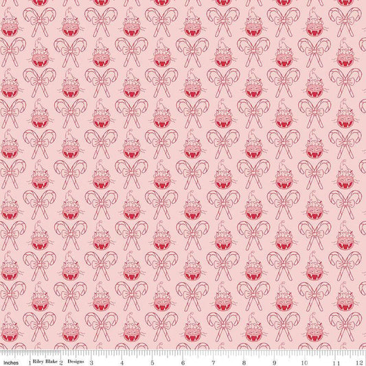 Christmas with Scaredy Cat Cat and Canes C13534 Pink - Riley Blake Designs - Santa Hats Candy Canes - Quilting Cotton Fabric