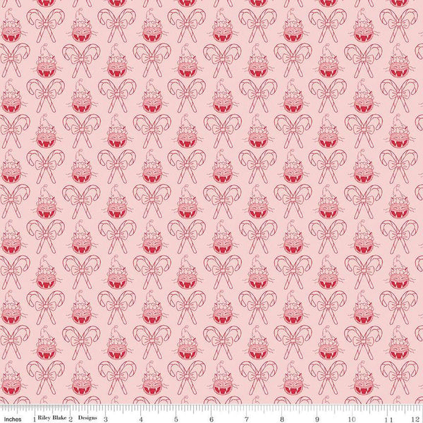 Christmas with Scaredy Cat Cat and Canes C13534 Pink - Riley Blake Designs - Santa Hats Candy Canes - Quilting Cotton Fabric