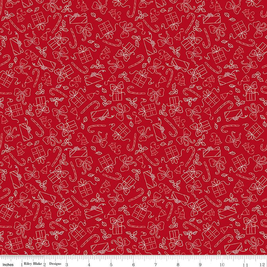 Christmas with Scaredy Cat Presents C13536 Red - Riley Blake Designs - Line-Drawn Gifts Bows Candy Canes - Quilting Cotton Fabric