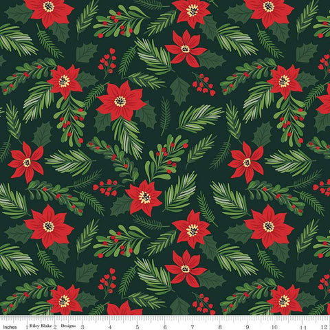 SALE The Magic of Christmas Main C13640 Dark Green - Riley Blake Designs - Floral Flowers Poinsettias Leaves Berries - Quilting Cotton