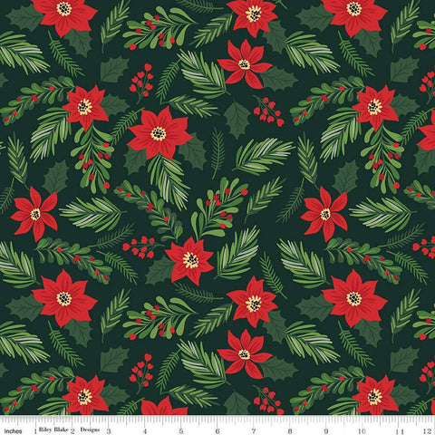 The Magic of Christmas Main C13640 Dark Green - Riley Blake Designs - Floral Flowers Poinsettias Leaves Berries - Quilting Cotton