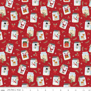 15" End of Bolt - The Magic of Christmas Jars C13641 Red - Riley Blake - Santa Reindeer Snowmen Poinsettias Candles - Quilting Cotton Fabric
