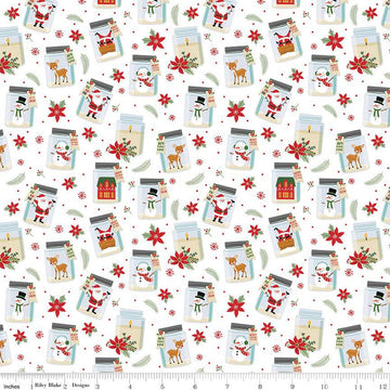 9" End of Bolt - The Magic of Christmas Jars C13641 White-Riley Blake - Santa Reindeer Snowmen Poinsettias Candles  - Quilting Cotton Fabric