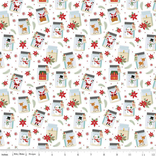 29" End of Bolt - The Magic of Christmas Jars C13641 White-Riley Blake - Santa Reindeer Snowmen Poinsettias Candles -Quilting Cotton Fabric