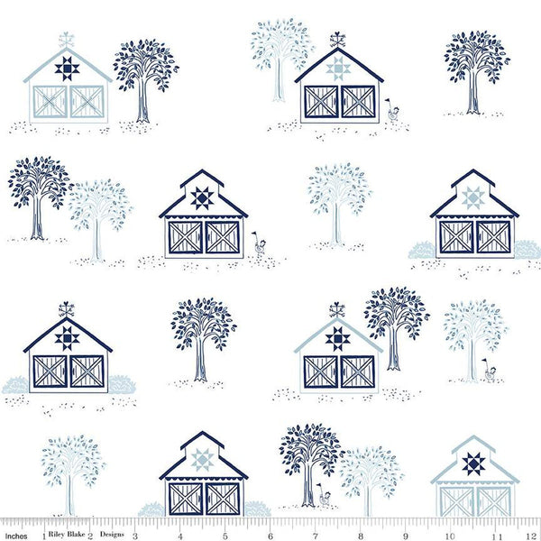 Simply Country Main C13410 White - Riley Blake Designs - Barns Trees - Quilting Cotton Fabric