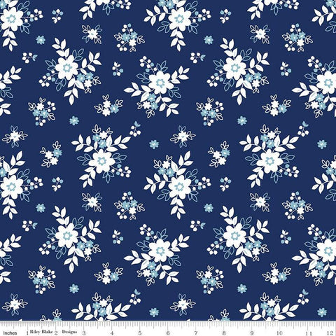 Simply Country Bouquets C13411 Navy - Riley Blake Designs - Floral White Flowers - Quilting Cotton Fabric