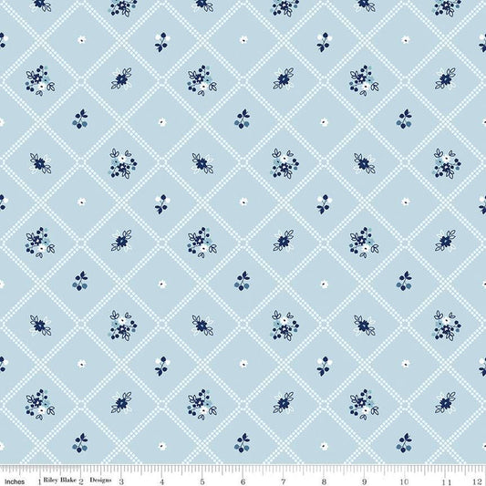 9" End of Bolt - SALE Simply Country Dot Grid C13412 Blue - Riley Blake Designs - Geometric Lattice Floral Flowers - Quilting Cotton Fabric