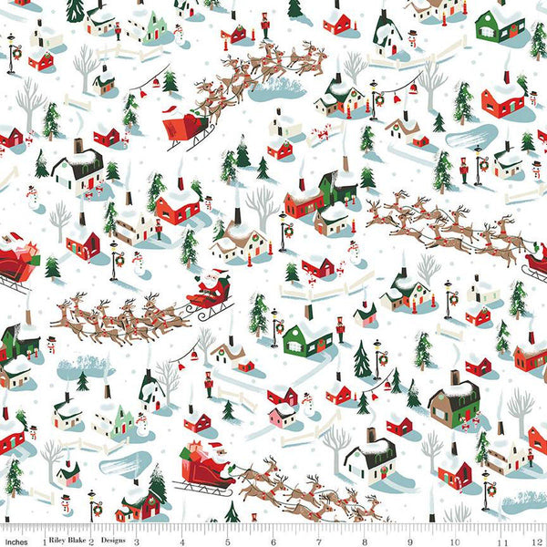 Twas Dash Away SC13461 White SPARKLE - Riley Blake Designs - Christmas Santa Reindeer Village Silver SPARKLE - Quilting Cotton Fabric