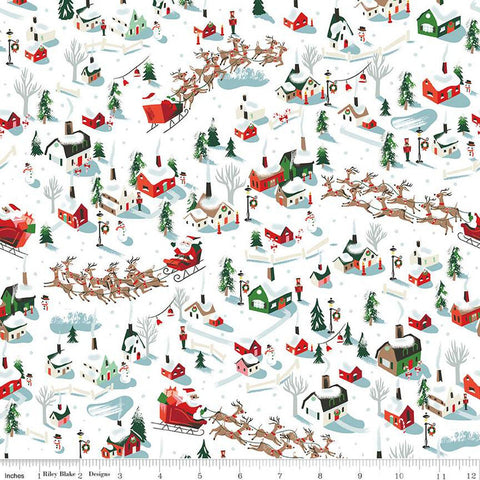 Twas Dash Away SC13461 White SPARKLE - Riley Blake Designs - Christmas Santa Reindeer Village Silver SPARKLE - Quilting Cotton Fabric