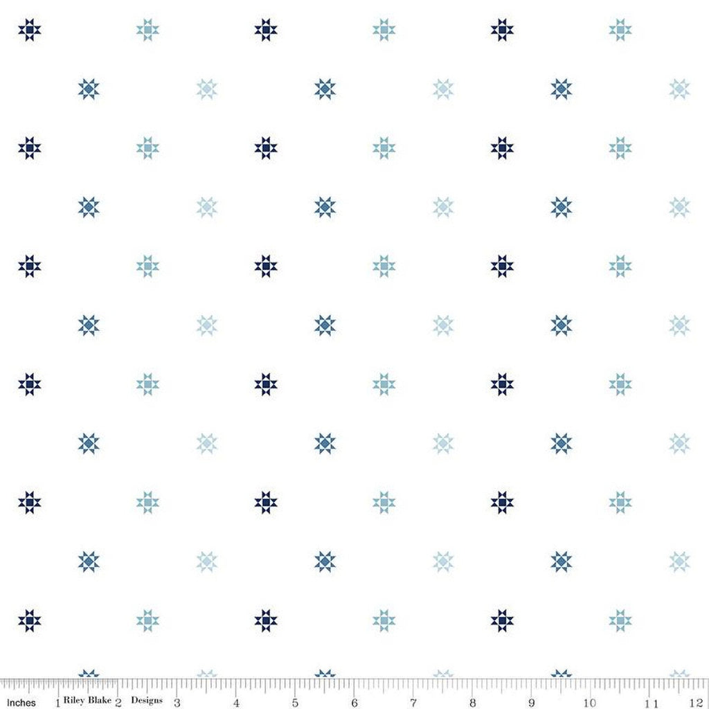 20" End of Bolt Piece Simply Country Quilt Stars C13417 White - Riley Blake Designs - White with Blue Quilt Star - Quilting Cotton Fabric