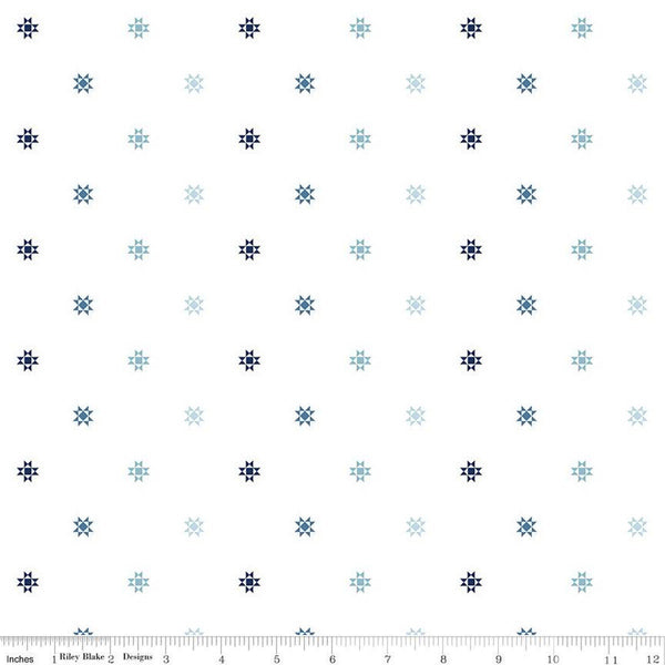 20" End of Bolt Piece Simply Country Quilt Stars C13417 White - Riley Blake Designs - White with Blue Quilt Star - Quilting Cotton Fabric