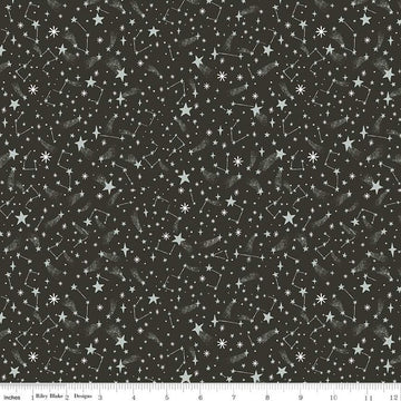 Fat Quarter End of Bolt- Twas New Fallen Snow SC13466 Charcoal SPARKLE - Riley Blake - Christmas Star Constellations Silver -Quilting Cotton