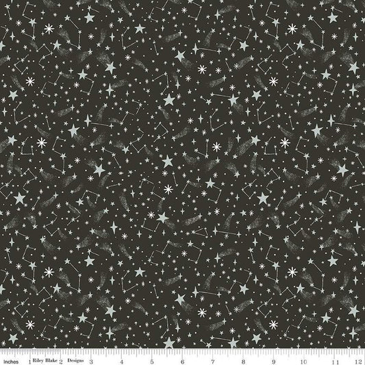 Fat Quarter End of Bolt- Twas New Fallen Snow SC13466 Charcoal SPARKLE - Riley Blake - Christmas Star Constellations Silver -Quilting Cotton