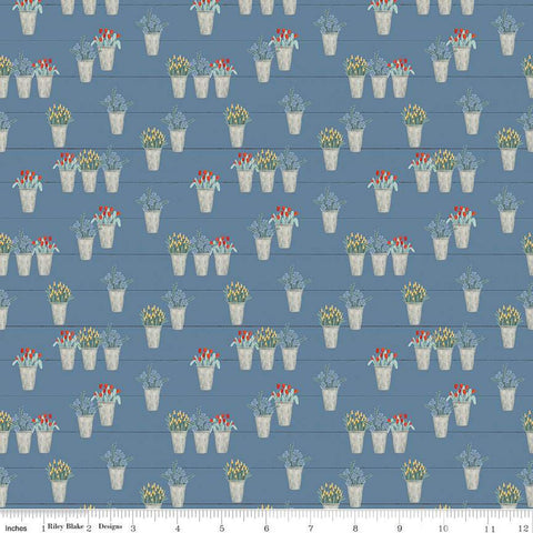 Fat Quarter End of Bolt Piece - CLEARANCE Farmhouse Summer Flower Pots C13633 Denim - Riley Blake  - Floral Flowers - Quilting Cotton