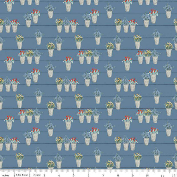 Fat Quarter End of Bolt Piece - CLEARANCE Farmhouse Summer Flower Pots C13633 Denim - Riley Blake  - Floral Flowers - Quilting Cotton