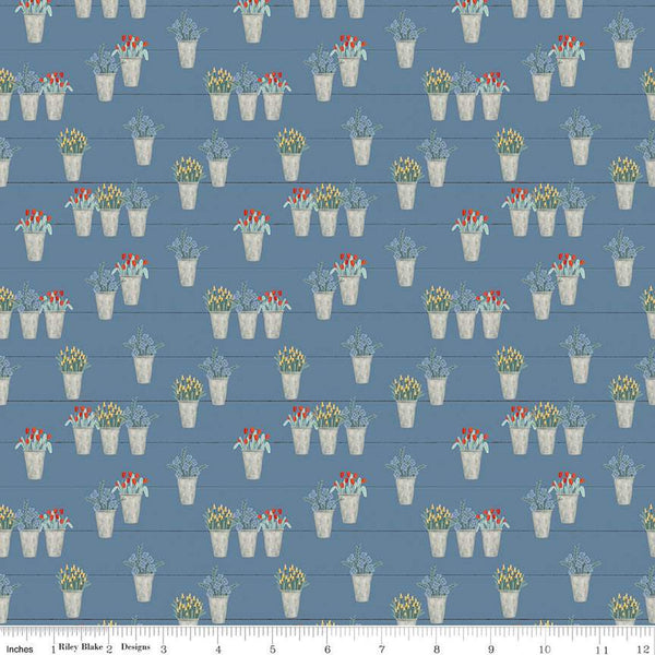 Fat Quarter End of Bolt Piece - CLEARANCE Farmhouse Summer Flower Pots C13633 Denim - Riley Blake  - Floral Flowers - Quilting Cotton