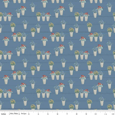 Fat Quarter End of Bolt Piece - CLEARANCE Farmhouse Summer Flower Pots C13633 Denim - Riley Blake  - Floral Flowers - Quilting Cotton