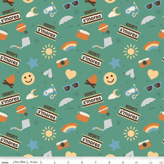 DEAL Camp S'mores Main C13620 Green - Riley Blake Designs - Hershey Camping Suns Stars Tents Cameras Rainbows - Quilting Cotton Fabric