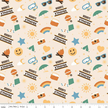DEAL Camp S'mores Main C13620 Marshmallow - Riley Blake Designs - Hershey Camping Suns Stars Tents Cameras  - Quilting Cotton Fabric