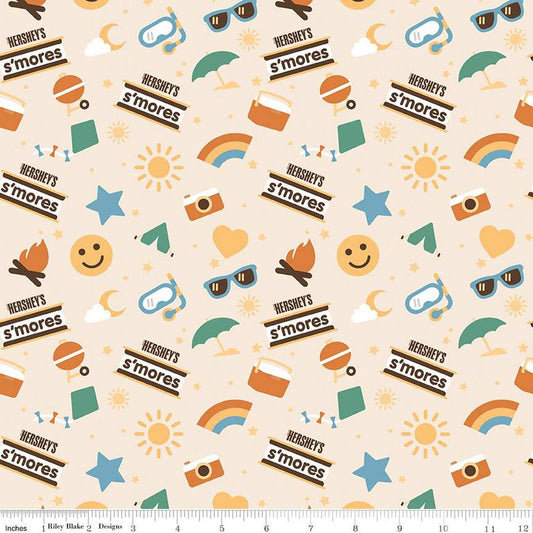 DEAL Camp S'mores Main C13620 Marshmallow - Riley Blake Designs - Hershey Camping Suns Stars Tents Cameras  - Quilting Cotton Fabric