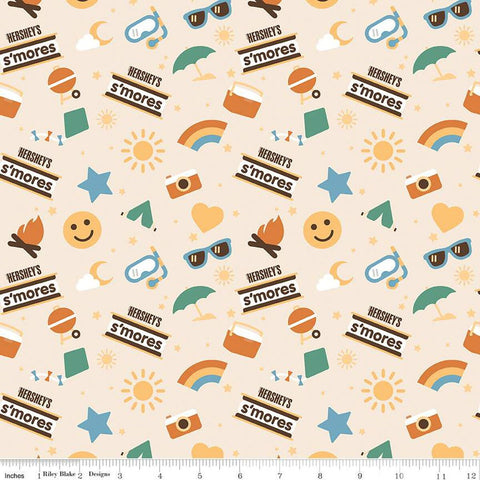 SALE Camp S'mores Main C13620 Marshmallow by Riley Blake Designs - Hershey Camping Suns Stars Tents Cameras  - Quilting Cotton Fabric