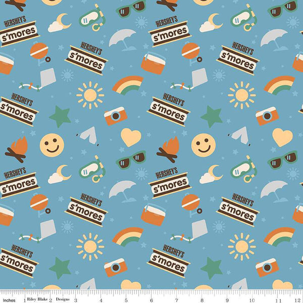 Camp S'mores Main C13620 Sky by Riley Blake Designs - Hershey Camping Suns Stars Tents Cameras Rainbows - Quilting Cotton Fabric