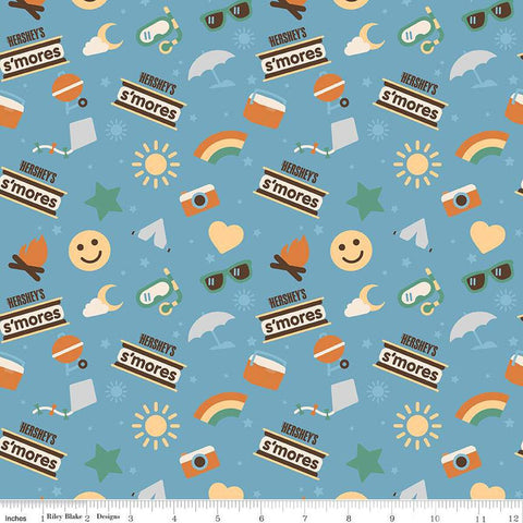 SALE Camp S'mores Main C13620 Sky by Riley Blake Designs - Hershey Camping Suns Stars Tents Cameras Rainbows - Quilting Cotton Fabric