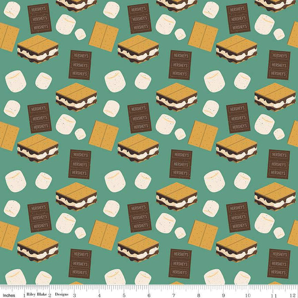 Camp S'mores Toss C13622 Green by Riley Blake Designs - Hershey Camping Marshmallows Chocolate Bars Crackers - Quilting Cotton Fabric