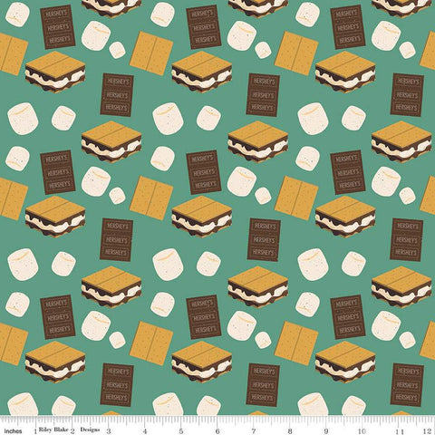 Camp S'mores Toss C13622 Green by Riley Blake Designs - Hershey Camping Marshmallows Chocolate Bars Crackers - Quilting Cotton Fabric