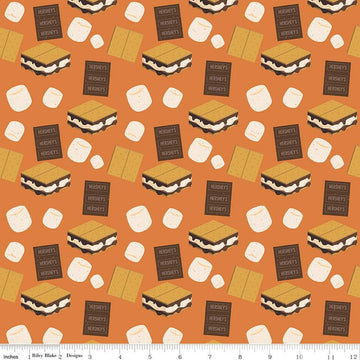 18" End of Bolt - Camp S'mores Toss C13622 Orange by Riley Blake - Hershey Camping Marshmallows Chocolate Crackers - Quilting Cotton Fabric