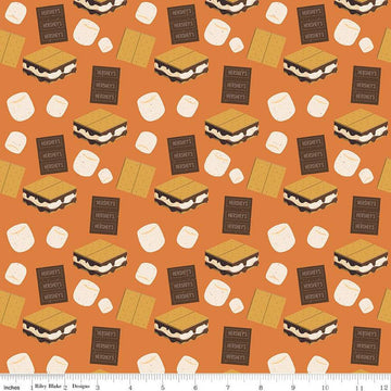 17" End of Bolt - Camp S'mores Toss C13622 Orange by Riley Blake - Hershey Camping Marshmallows Chocolate Crackers - Quilting Cotton Fabric