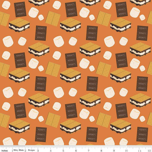 17" End of Bolt - Camp S'mores Toss C13622 Orange by Riley Blake - Hershey Camping Marshmallows Chocolate Crackers - Quilting Cotton Fabric