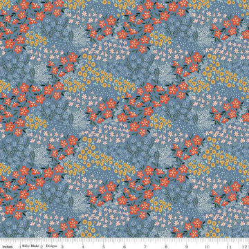 25" End of Bolt - Farmhouse Summer Floral C13632 Denim - Riley Blake Designs - Flower Flowers - Quilting Cotton Fabric