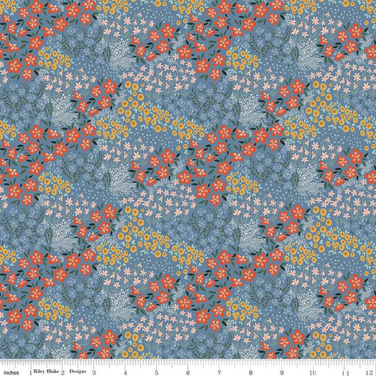 25" End of Bolt - Farmhouse Summer Floral C13632 Denim - Riley Blake Designs - Flower Flowers - Quilting Cotton Fabric