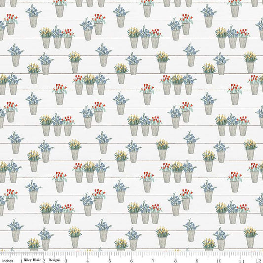 CLEARANCE Farmhouse Summer Flower Pots C13633 Off White - Riley Blake Designs - Flower Flowers - Quilting Cotton Fabric