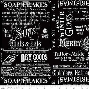 SALE White as Snow Snowy Soap Ads C13554 Black - Riley Blake Designs - Christmas Text - Quilting Cotton Fabric